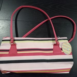 Stripped pink, green, black, white purse